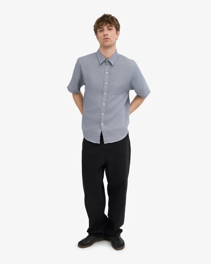 Camisas de lino de manga corta - Azul acero