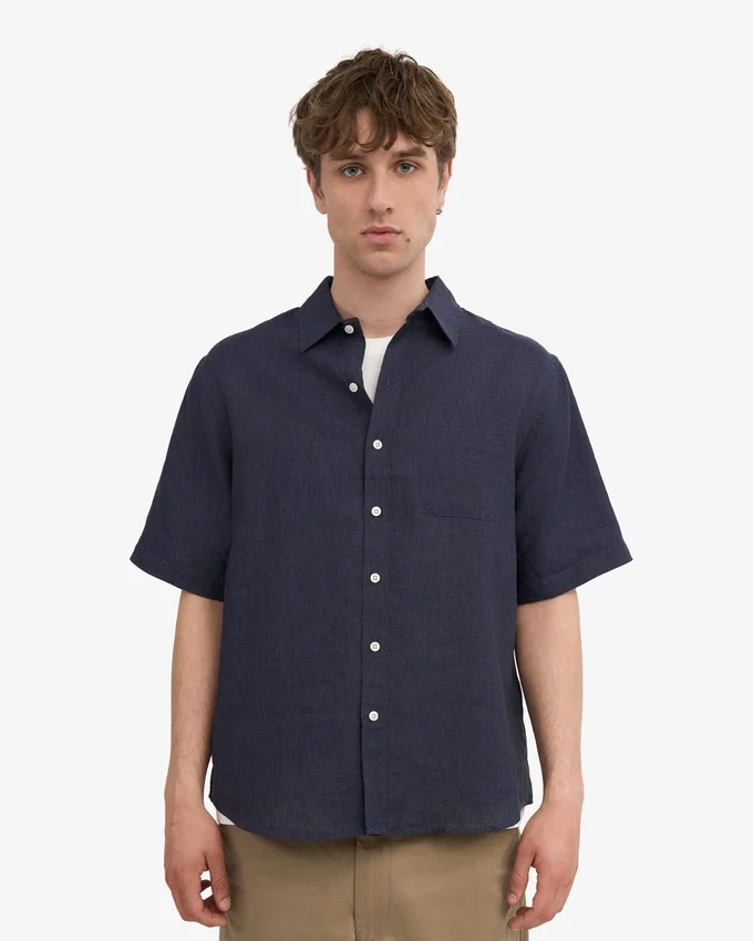 Camisas de lino de manga corta - Azul marino