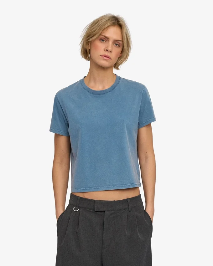 Camiseta corta holgada de algodón orgánico - Azul índigo descolorido
