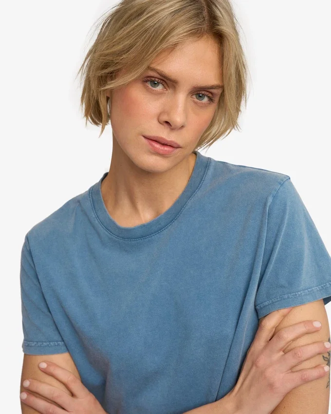 Camiseta corta holgada de algodón orgánico - Azul índigo descolorido