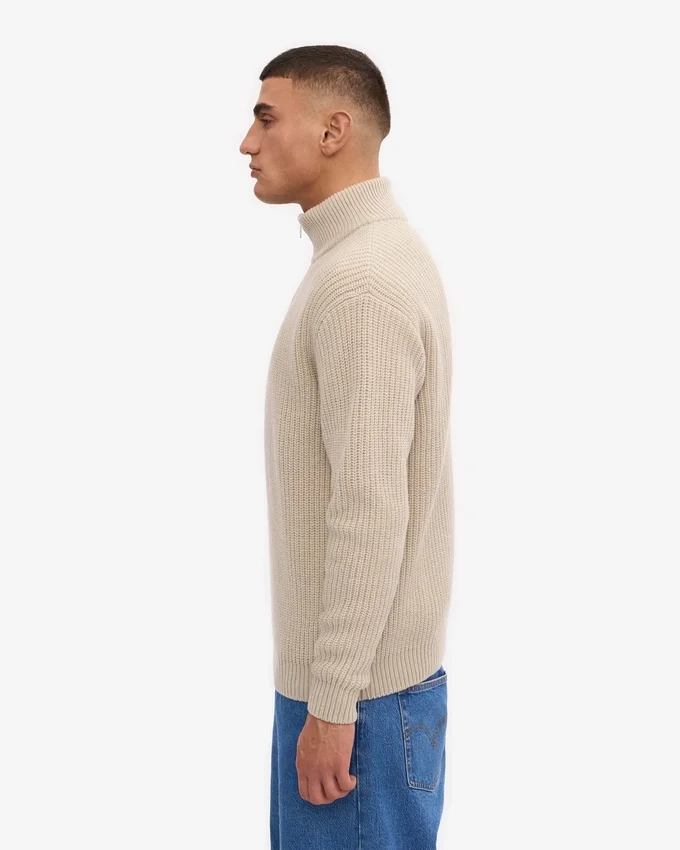 Camiseta de jerséu de media cremallera de merino - Blanco marfil