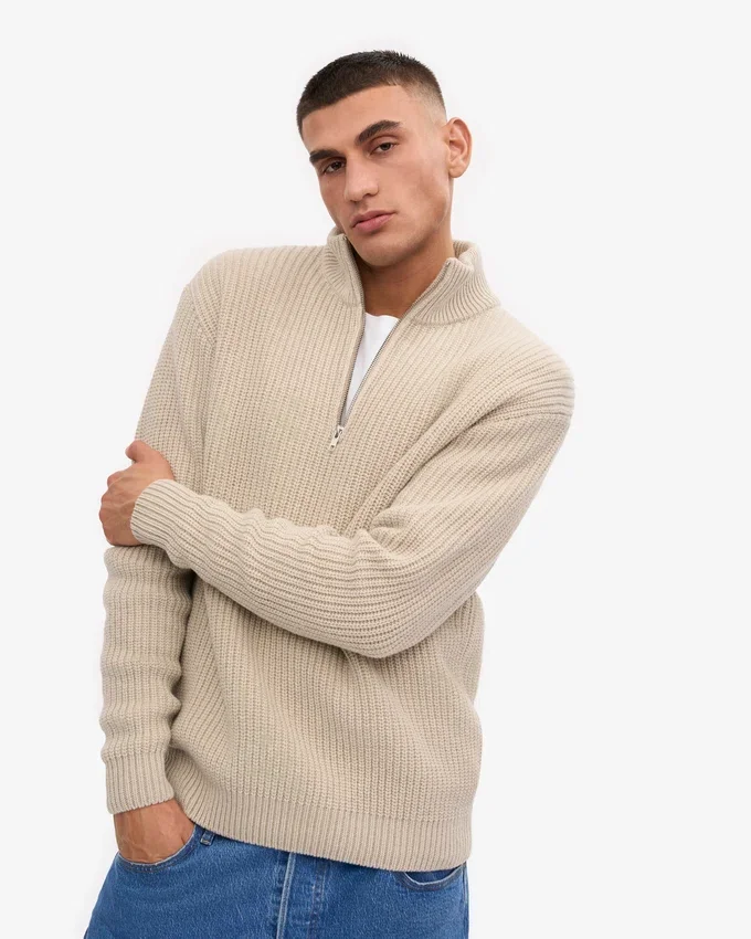 Camiseta de jerséu de media cremallera de merino - Blanco marfil