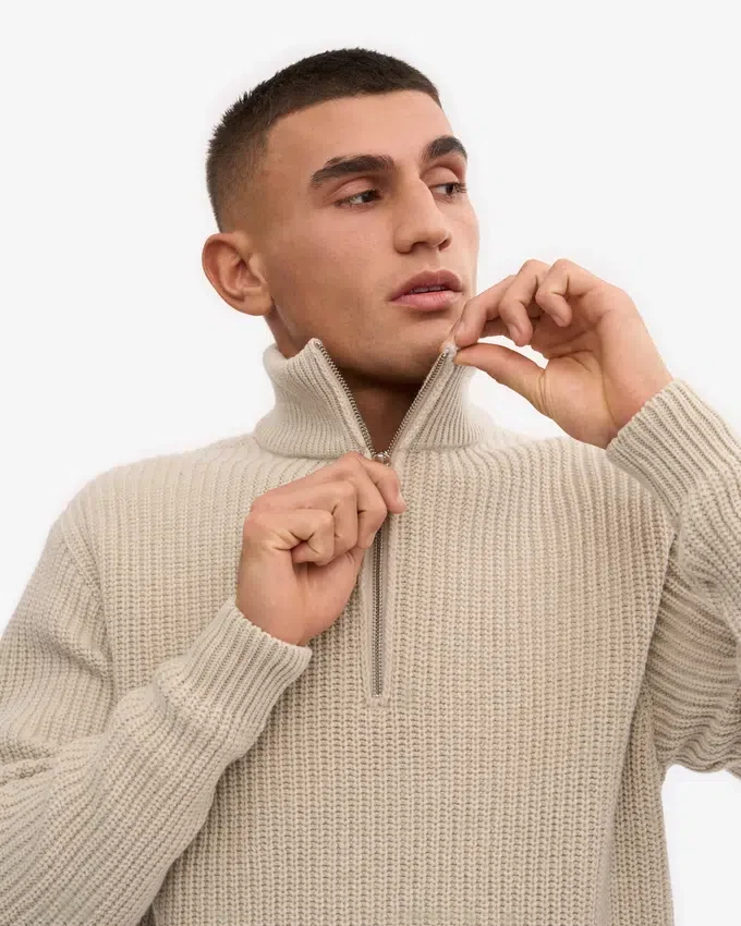 Camiseta de jerséu de media cremallera de merino - Blanco marfil