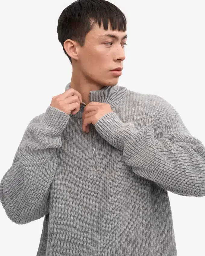 Camiseta de jerséu de media cremallera de merino - Gris jaspeado
