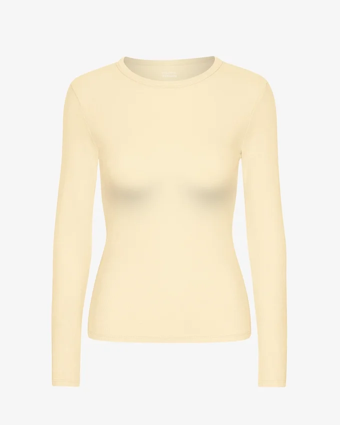 Camiseta de manga larga de punto acanalado orgánica para mujer - Amarillo suave