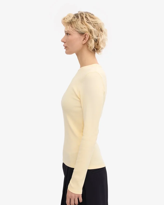 Camiseta de manga larga de punto acanalado orgánica para mujer - Amarillo suave