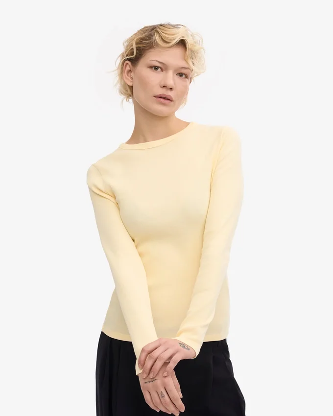 Camiseta de manga larga de punto acanalado orgánica para mujer - Amarillo suave