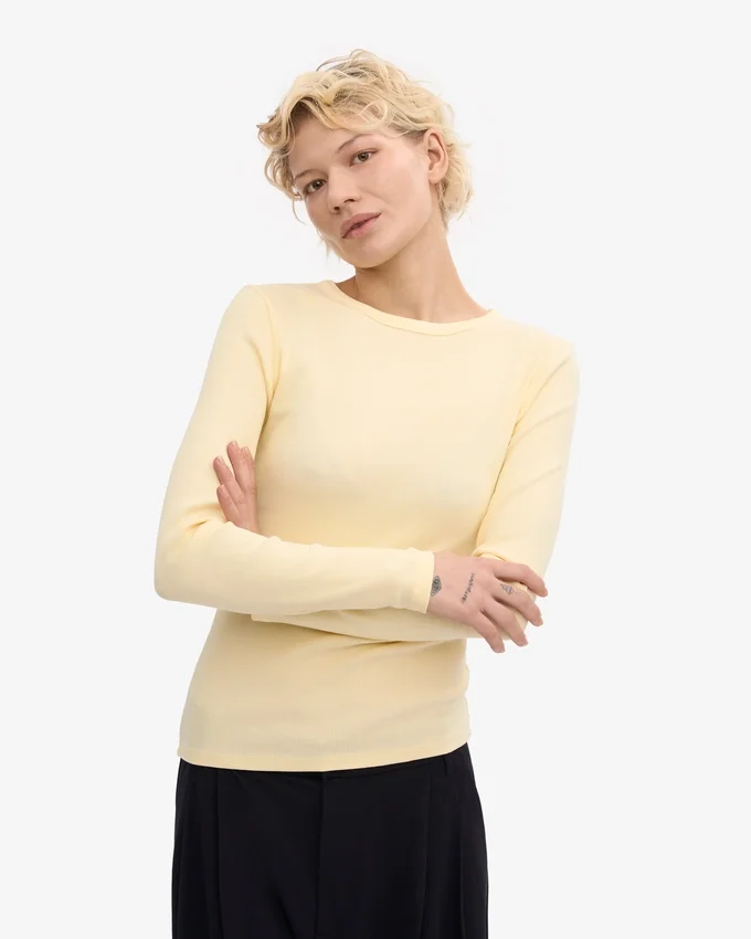 Camiseta de manga larga de punto acanalado orgánica para mujer - Amarillo suave
