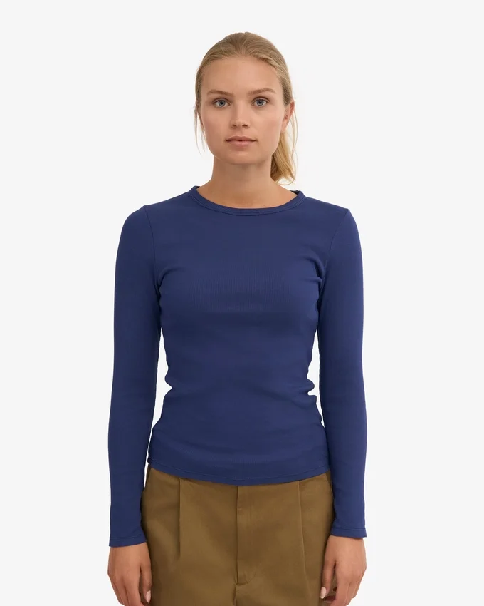 Camiseta de manga larga de punto acanalado orgánica para mujer - Azul marino
