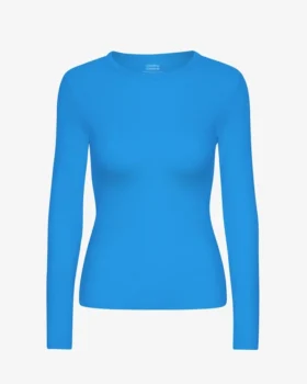 Camiseta de manga larga de punto acanalado orgánica para mujer - Azul Pacífico