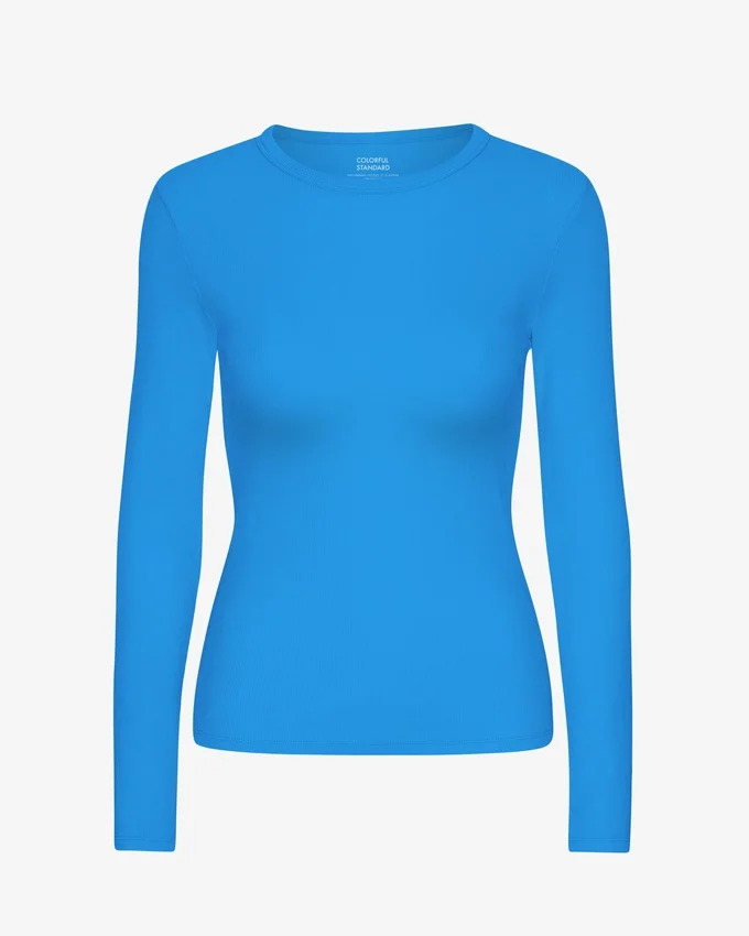 Camiseta de manga larga de punto acanalado orgánica para mujer - Azul Pacífico