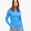 Camiseta de manga larga de punto acanalado orgánica para mujer - Azul Pacífico