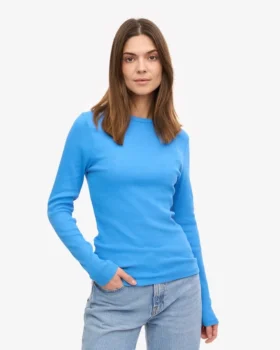Camiseta de manga larga de punto acanalado orgánica para mujer – Azul Pacífico
