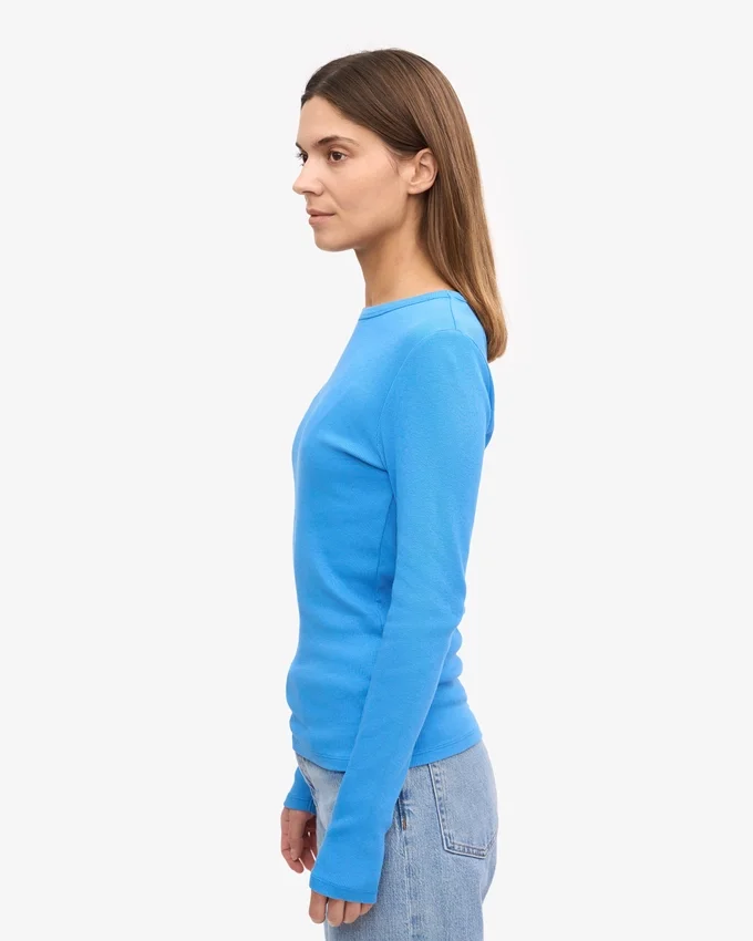 Camiseta de manga larga de punto acanalado orgánica para mujer - Azul Pacífico