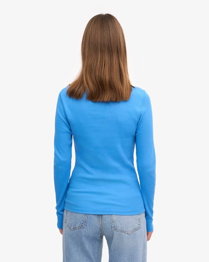 Camiseta de manga larga de punto acanalado orgánica para mujer - Azul Pacífico
