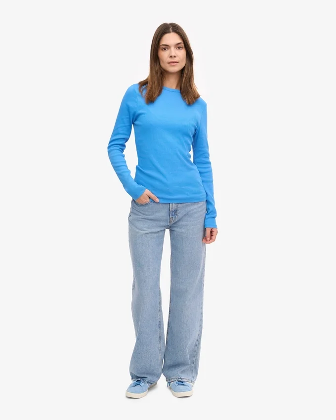 Camiseta de manga larga de punto acanalado orgánica para mujer - Azul Pacífico