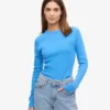 Camiseta de manga larga de punto acanalado orgánica para mujer - Azul Pacífico