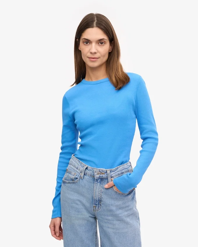 Camiseta de manga larga de punto acanalado orgánica para mujer - Azul Pacífico