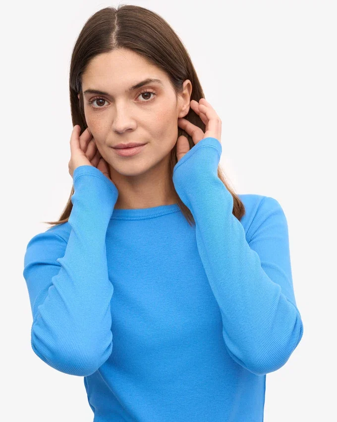 Camiseta de manga larga de punto acanalado orgánica para mujer - Azul Pacífico