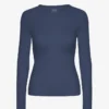Camiseta de manga larga de punto acanalado orgánica para mujer - Azul petróleo