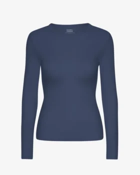Camiseta de manga larga de punto acanalado orgánica para mujer - Azul petróleo
