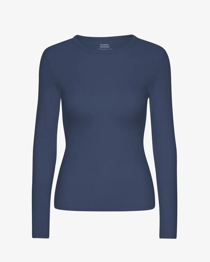 Camiseta de manga larga de punto acanalado orgánica para mujer - Azul petróleo