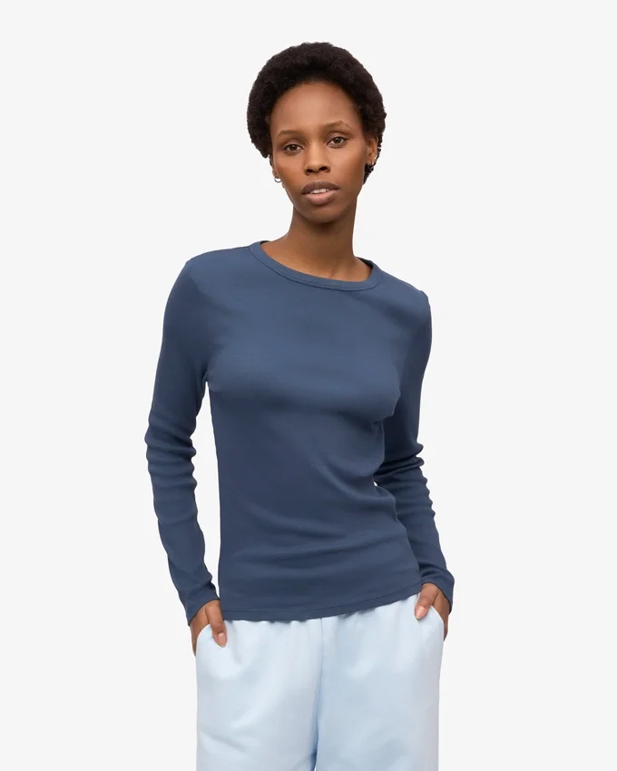 Camiseta de manga larga de punto acanalado orgánica para mujer - Azul petróleo