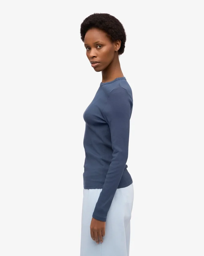 Camiseta de manga larga de punto acanalado orgánica para mujer - Azul petróleo