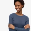 Camiseta de manga larga de punto acanalado orgánica para mujer - Azul petróleo