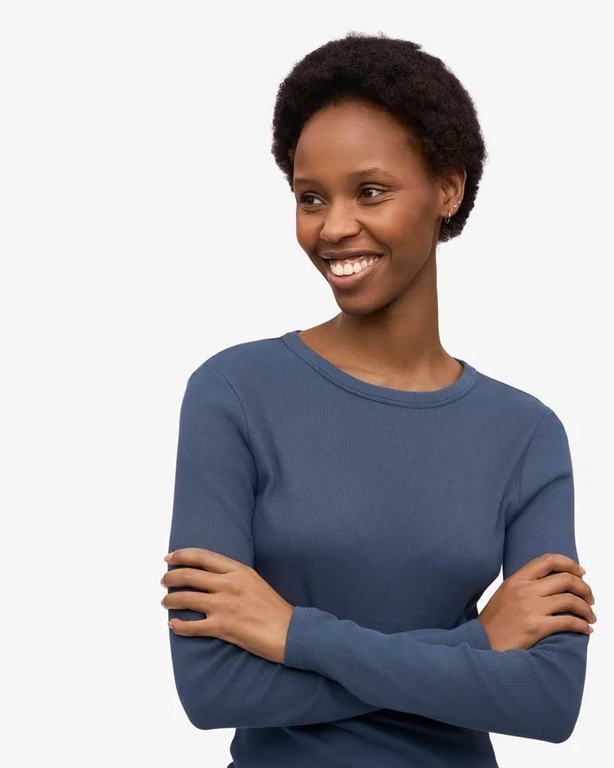 Camiseta de manga larga de punto acanalado orgánica para mujer - Azul petróleo