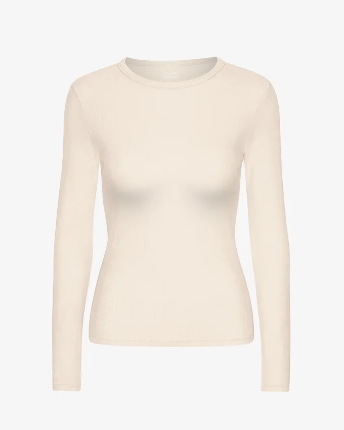 Camiseta de manga larga de punto acanalado orgánica para mujer - Blanco marfil