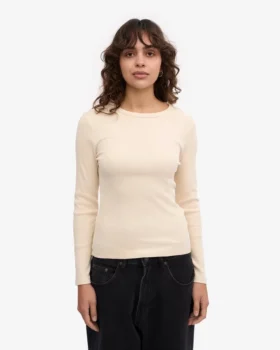 Camiseta de manga larga de punto acanalado orgánica para mujer – Blanco marfil