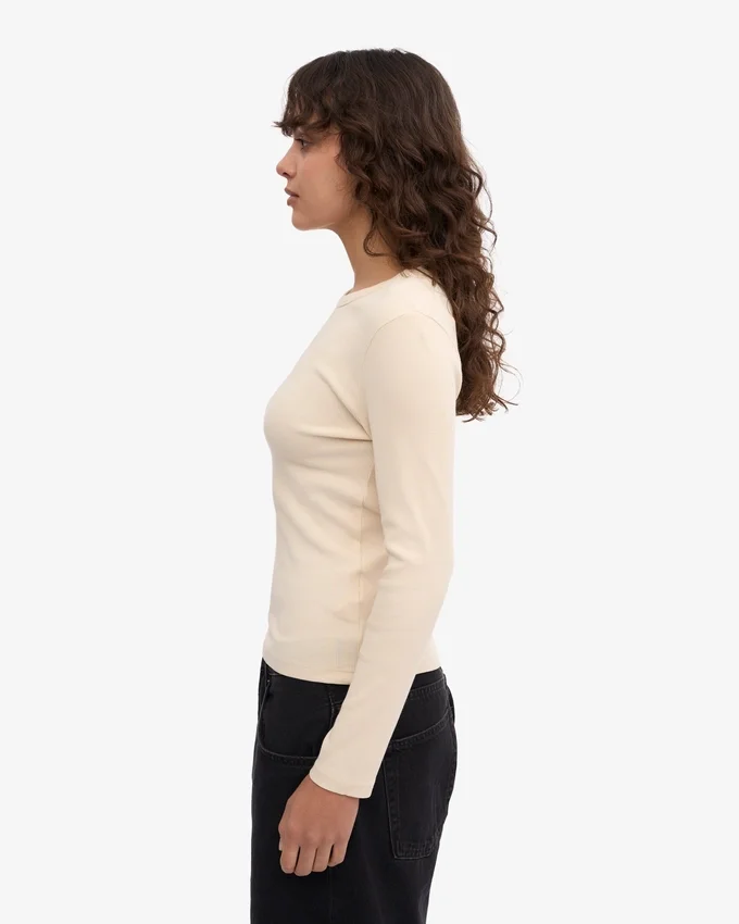 Camiseta de manga larga de punto acanalado orgánica para mujer - Blanco marfil
