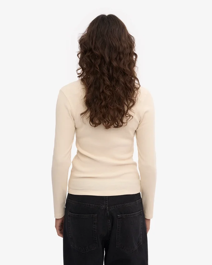 Camiseta de manga larga de punto acanalado orgánica para mujer - Blanco marfil