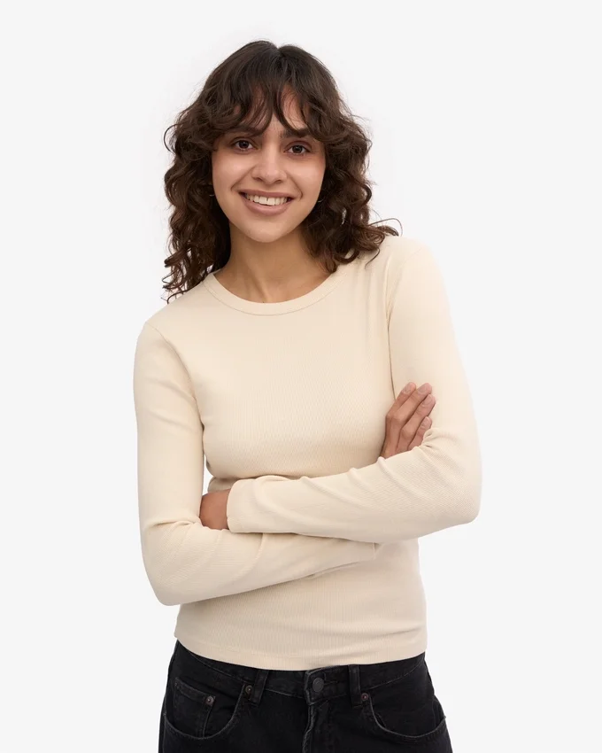 Camiseta de manga larga de punto acanalado orgánica para mujer - Blanco marfil