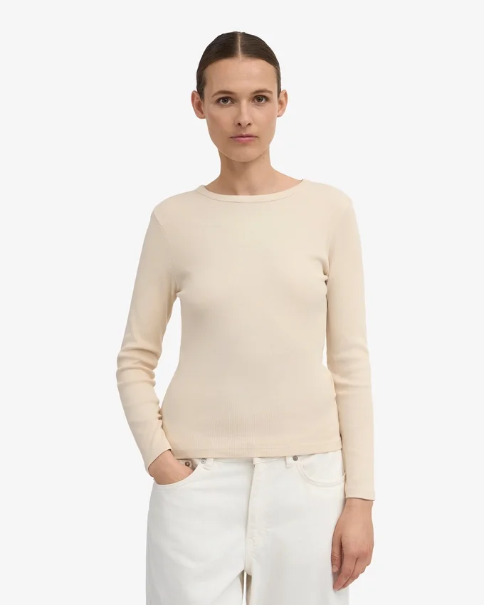 Camiseta de manga larga de punto acanalado orgánica para mujer - Blanco marfil