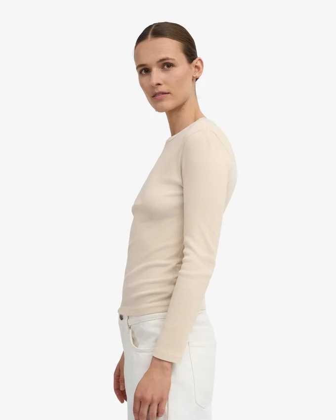 Camiseta de manga larga de punto acanalado orgánica para mujer - Blanco marfil