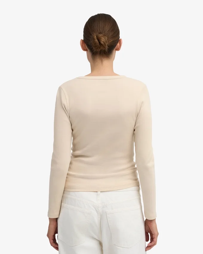 Camiseta de manga larga de punto acanalado orgánica para mujer - Blanco marfil