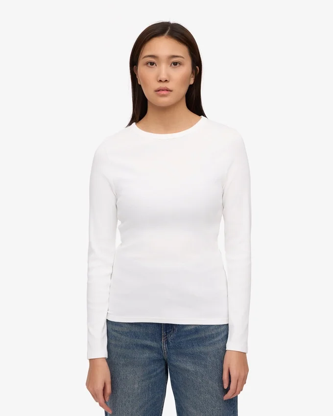 Camiseta de manga larga de punto acanalado orgánica para mujer - Blanco óptico
