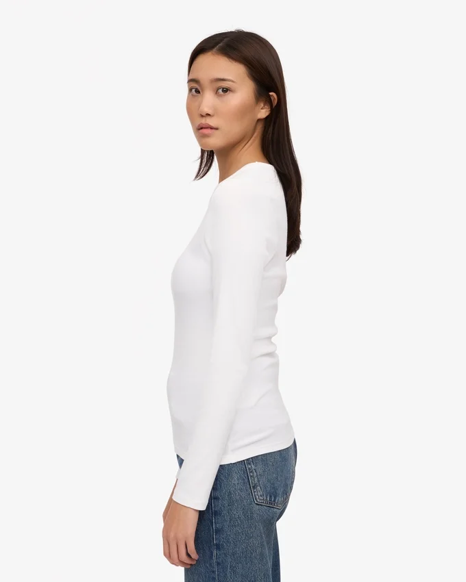 Camiseta de manga larga de punto acanalado orgánica para mujer - Blanco óptico