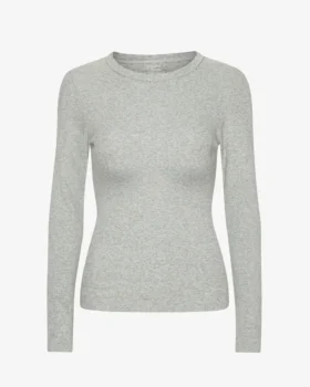Camiseta de manga larga de punto acanalado orgánica para mujer - Gris jaspeado