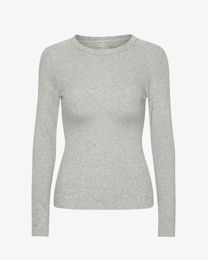 Camiseta de manga larga de punto acanalado orgánica para mujer - Gris jaspeado