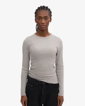 Camiseta de manga larga de punto acanalado orgánica para mujer – Gris jaspeado