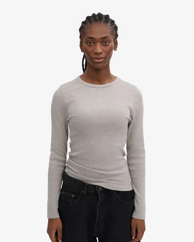 Camiseta de manga larga de punto acanalado orgánica para mujer - Gris jaspeado