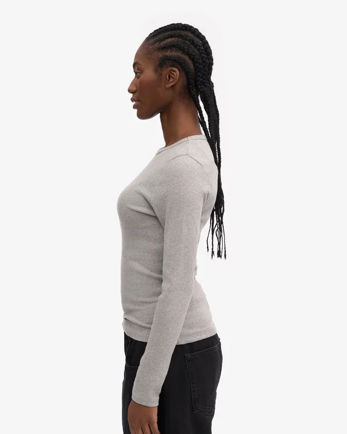 Camiseta de manga larga de punto acanalado orgánica para mujer - Gris jaspeado