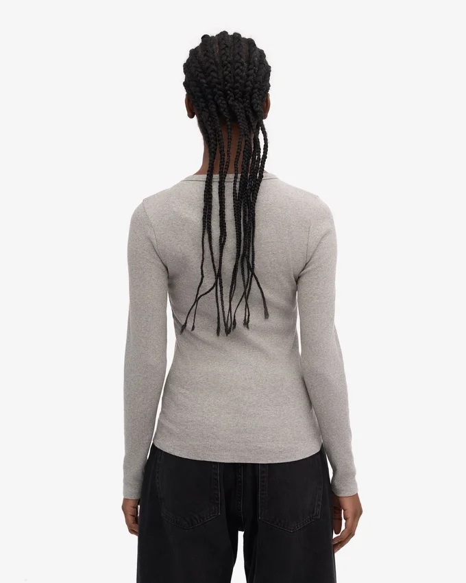 Camiseta de manga larga de punto acanalado orgánica para mujer - Gris jaspeado