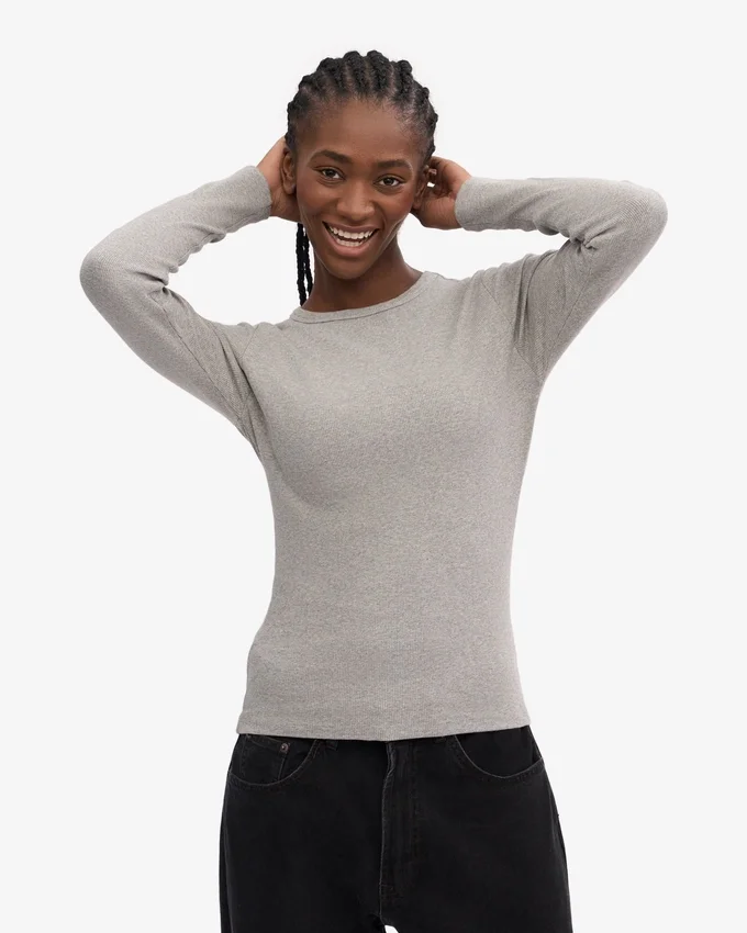 Camiseta de manga larga de punto acanalado orgánica para mujer - Gris jaspeado