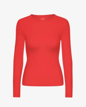 Camiseta de manga larga de punto acanalado orgánica para mujer - Mandarina roja