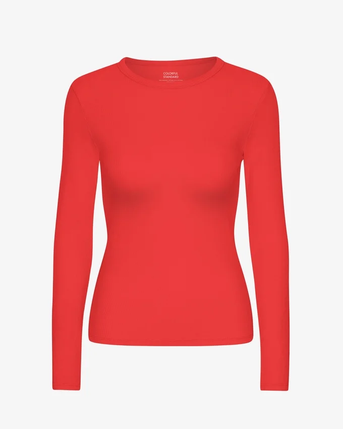 Camiseta de manga larga de punto acanalado orgánica para mujer - Mandarina roja