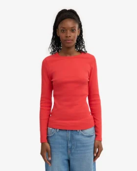 Camiseta de manga larga de punto acanalado orgánica para mujer – Mandarina roja